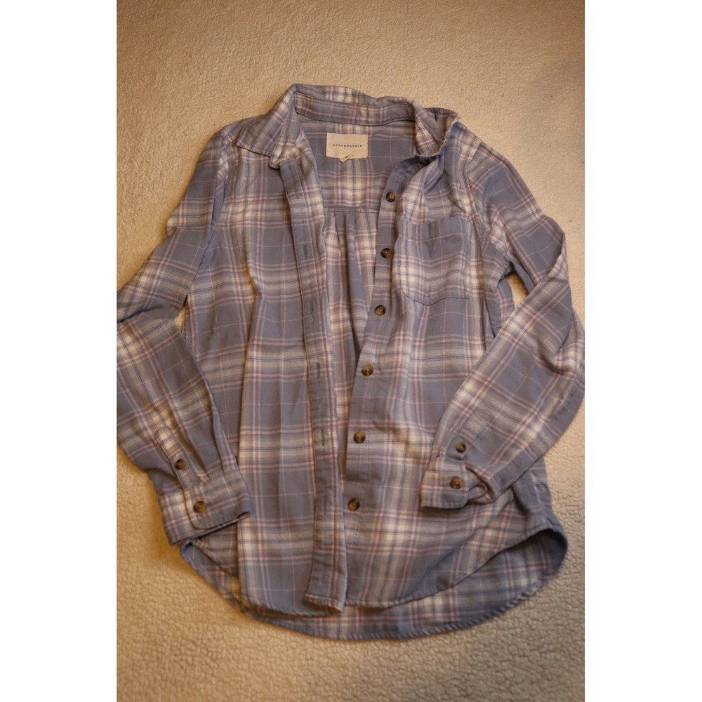 Aeropostale Womens Blue Pink Plaid Flannel Button Down Shirt Small Long Sleeve